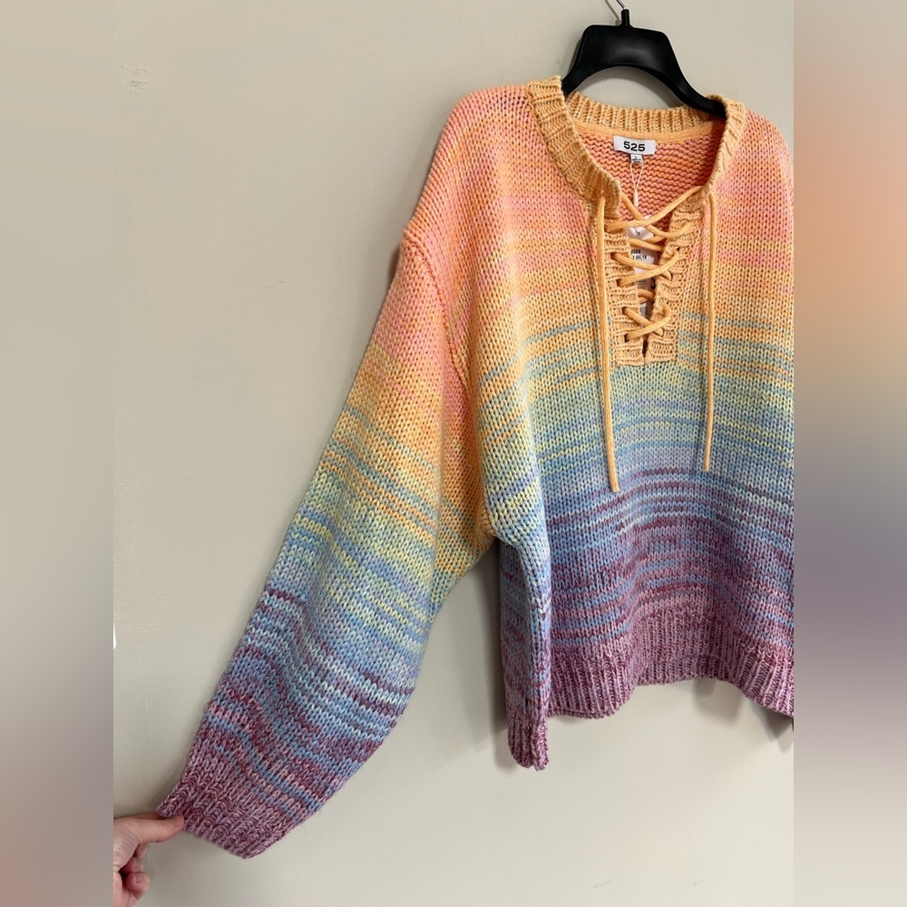 525 America Born in Brooklyn NWT Lace-Up V-Neck Rainbow Marled Knit Sweater, L - Picture 6 of 13